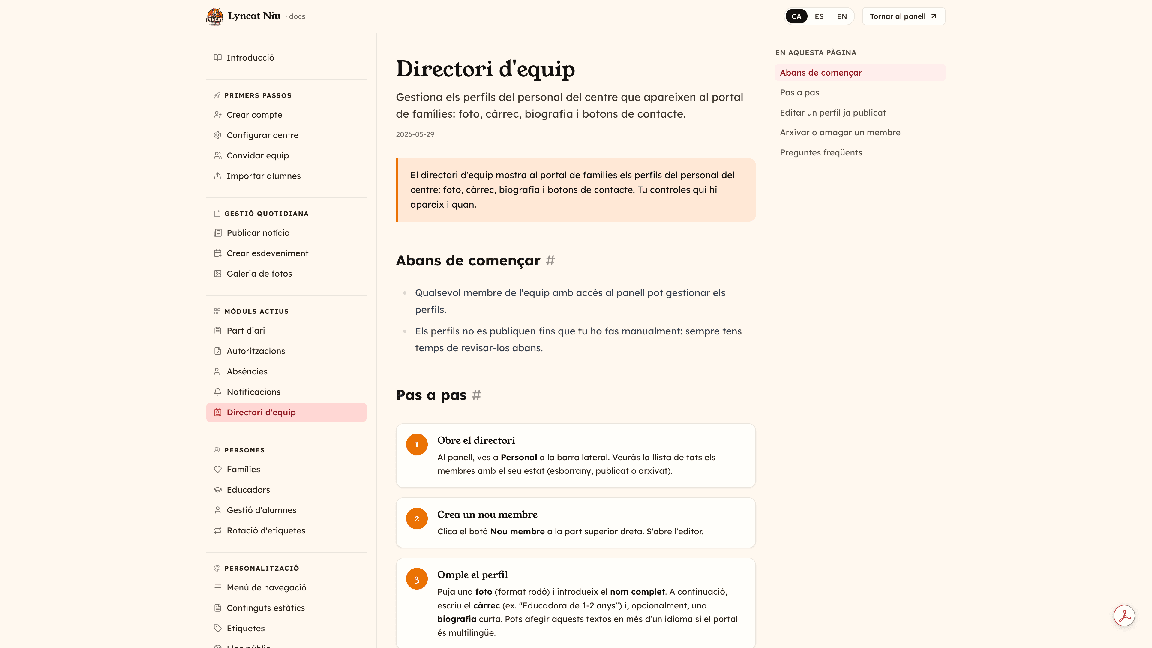Captura del portal de documentació de Lyncat NIU