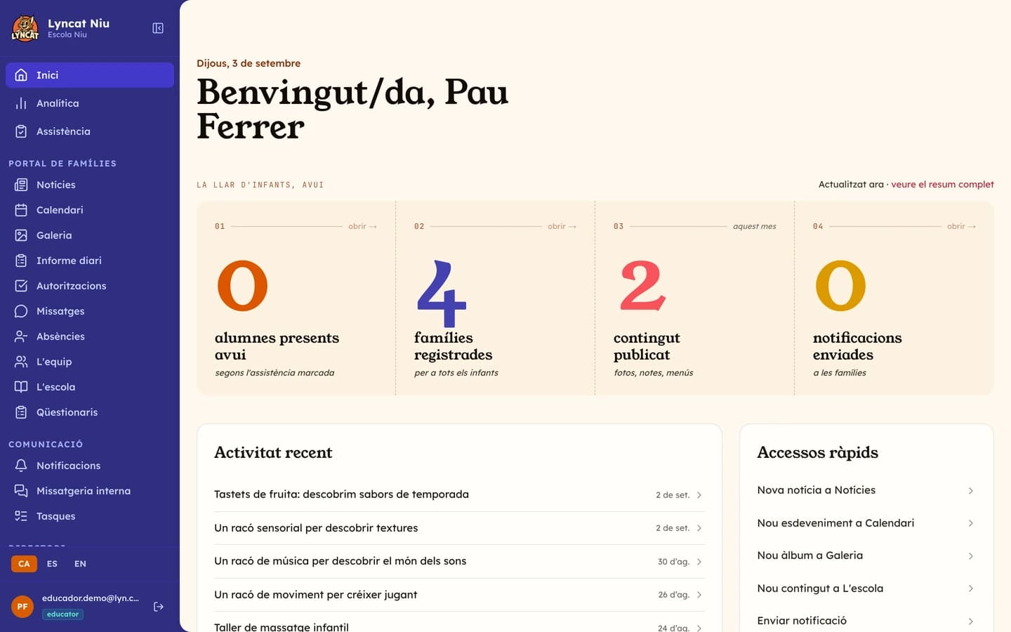 Panell d'administració de Lyncat Niu per a escoles